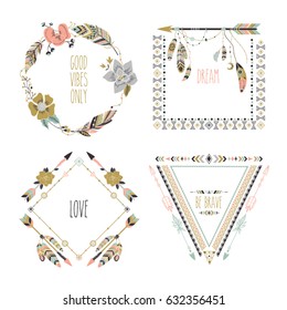 Hand drawn boho style frames with place for your text. Arrow and feather art vector illustration