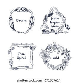 Hand drawn boho style frames with place for your text. Arrows, feathers and flowers art vector illustration
