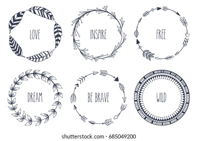 Hand drawn boho style frames with place for your text. Arrow and feather art vector illustration