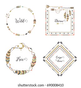 Hand drawn boho style frames with place for your text. Arrow and feather art vector illustration