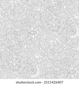 Padrão de estilo boho desenhado à mão, flores cinza, rabiscar. Padrão floral contínuo-379.