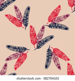 Hand drawn boho style seamless pattern. Sketched feathers. Trendy indigo,boho,ethnic design. Seamless background for textile,wrapping,wallpaper,cloth and home decor. Romantic summer template.