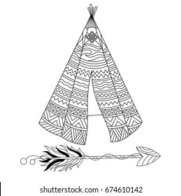 Dibujar mano estilo boho teepee o wigwam con flecha étnica, ilustración en blanco y negro.