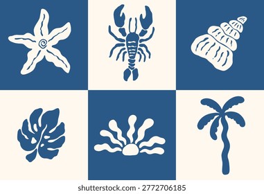 Hand drawn boho summer set. Naive spiritual palm tree, sun, lobster and seashell emblem. Tropical retro surf prints, summer beach label, naive vignetting. Vacation and beach concept.