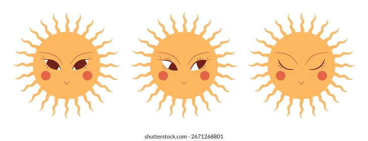 Hand drawn boho sun characters set. Cartoon sun emoji. Vector illustration