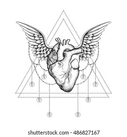Hand drawn boho tattoo. Blackwork heart with wings in hipster triangle frame. Vector illustration, tattoo sketch isolated on white for t-shirt print, poster, textile. Line art drawing.