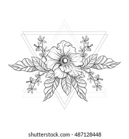 Hand drawn boho tattoo. Blackwork flower in hipster triangles frame. Vector illustration, tattoo sketch isolated on white for t-shirt print, poster, textile. Line art drawing.