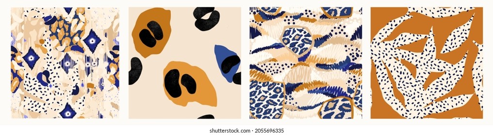 Hand drawn boho trendy abstract pattern set. Fashionable template for design. Modern cartoon style.
Leopard and floral prints. 
Warm colors.