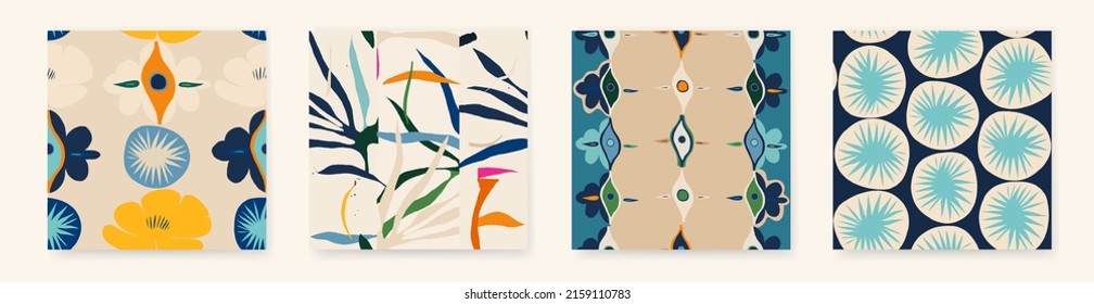 Hand drawn boho trendy abstract pattern set. Fashionable template for design. Modern cartoon style.