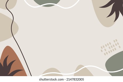 Hand drawn boho vector background with foliage, leaves, rounded geometric shapes, and white curvy lines. Suitable for backdrop, doodle, and cover.