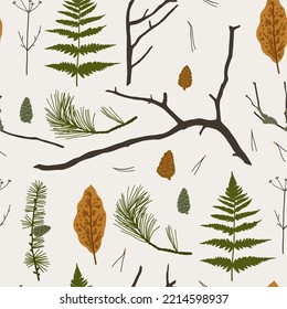 Hand drawn boho vector print with autumn leaves and tree branches, moss, bumps. Rustic forest elements in flat style. Wild forest vector seamless pattern