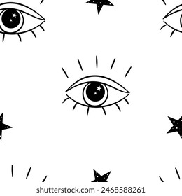 Hand drawn boho vector seamless pattern. Flat illustration. Magic witchcraft third eye with moon phases on color background. For celestial print, fabric, wallpaper, textile, magical decor.