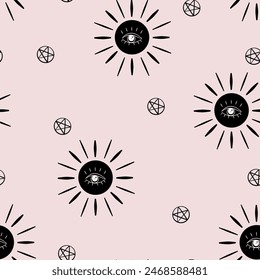 Hand drawn boho vector seamless pattern. Flat illustration. Magic witchcraft third eye with moon phases on color background. For celestial print, fabric, wallpaper, textile, magical decor.