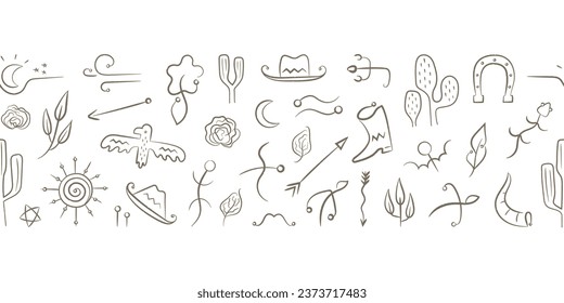 Hand Drawn boho wild west elements. Seamless banner with animals, birds, arrows, plants, symbols.