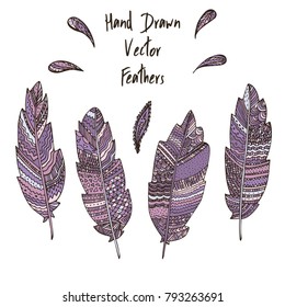 Hand drawn Boho zentangle inspired feathers set. Lacy ink drawn elements for vintage design. Summer clothes and prints design objects.