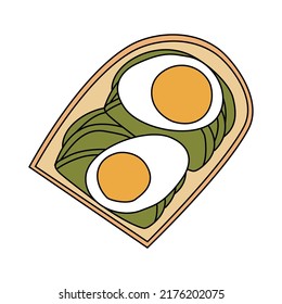 Hand drawn boiled egg with avocado on bread. Vector illustration in doodle style on white background svg