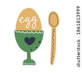 Hand drawn boiled egg in a cup and spoon. Breakfast concept. Flat illustration. 