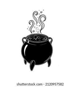Hand drawn Boiling magic pot. Silhouette cauldron. Vector illustration for wiccan design, astrology, alchemy, magic symbol or halloween design.