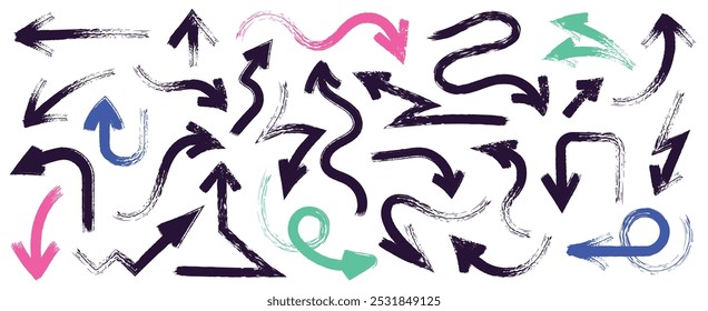 Dibujó a mano flechas en negrita. Punteros de línea de curva Doodle, bosquejo de señales de dirección de movimiento áspero, punteros de movimiento de garabato de lápiz vintage. Conjunto aislado de Vector.