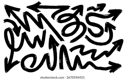 Hand drawn bold arrows set created with brush and marker. Doodle thick arrows in multiple directions including curly, circular, and rotation symbols. Black sketch arrows with wobble effect in grunge 