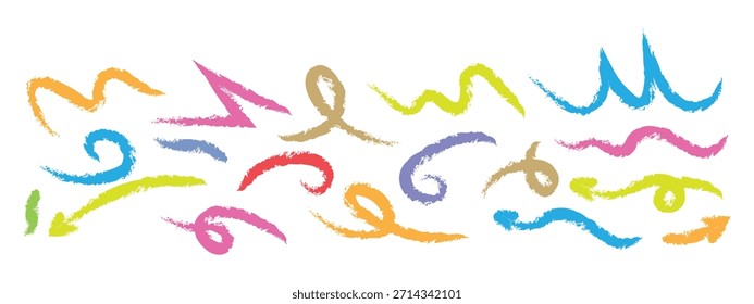 Hand Drawn Bold Brush Arrows and Squiggles Set. Colorful Quirky Spiral Arrows and thick emphasis Lines symbol. vector illustration.