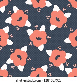 Hand drawn bold coral spring flower blooms on polka dot. Seamless vector pattern. Trendy stylish floral. All over print illustration for fashion textile, gift wrap or retro summer background.
