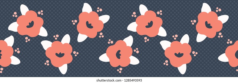Hand drawn bold coral spring flower blooms on polka dot. Seamless vector border. Trendy stylish floral. All over print illustration for fashion textile, gift wrap or retro summer banner ribbon trim.
