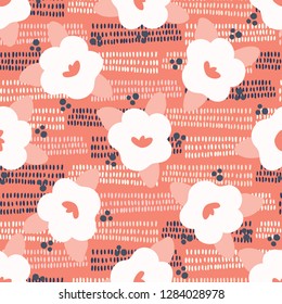 Hand drawn bold coral white spring flower blooms. Seamless vector pattern. Trendy stylish floral doodle scribble. All over print illustration for fashion textile, gift wrap or retro summer background.