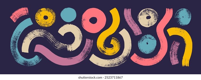 Hand drawn bold curved brush strokes, circles and waves collection. Vector naive geometric shapes with dry brush texture. Colorful thick squiggle smears, curved bold strokes for collages and design.