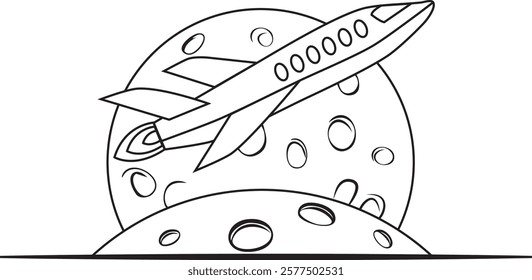 Hand Drawn Bold line art illustration of a spaceship soaring near a detailed crescent moon. Perfect as a coloring page for kids, it has a simple outline suitable for creative coloring projects