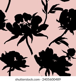 Hand drawn bold seamless vector pattern with black silhouettes of peony flowers and leaves and stems on pink background. 