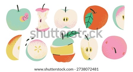Hand drawn bold y2k apple fruit vector set. Whole, half, slice of red green and yellow apple fruit with green leaves collection.
