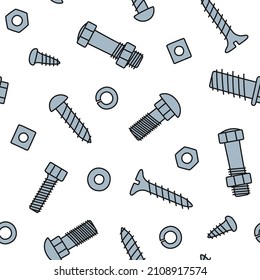 Hand drawn bolts, screws and nuts. Seamless pattern of fasteners in doodle style. Hand drawn building material. Children drawing. Vector illustration on white background.