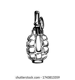 Hand drawn bomb grenade, ink drawing sketch weapon vector, black isolated illustration on white background. Military design elements.