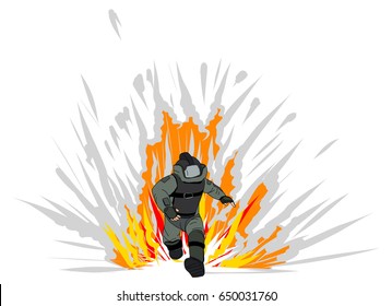  Hand drawn a bomb suit must protect all parts of the body, Soldier in bomb suit with fire bomb cartoon vector