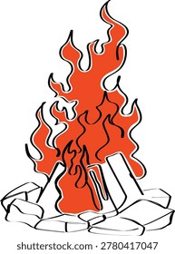 Hand drawn bonfire campfire line art with orange flames and stones, cozy autumn camping night illustration