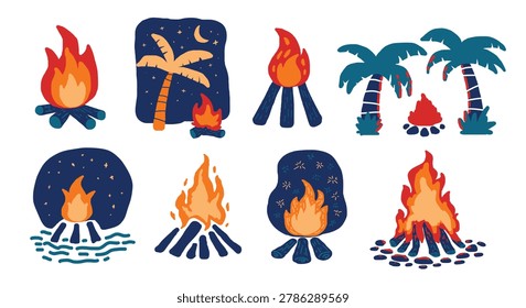 Hand drawn bonfire and campfire vector illustration set. Cozy beach camping element with palm trees, starry night sky, and burning wood logs isolated on white background.