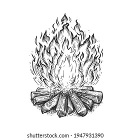 Hand Drawn Bonfire. Flame And Burn Firewood, Fireplace Sketch Vector Illustration