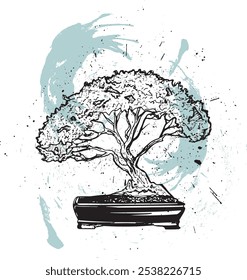 Hand drawn bonsai illustration with ink splash background, beautiful bonsai plant vector	
