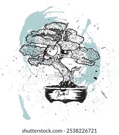 Hand drawn bonsai illustration with ink splash background, beautiful bonsai plant vector	
