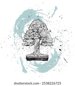 Hand drawn bonsai illustration with ink splash background, beautiful bonsai plant vector	
