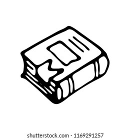 Hand drawn book with a bookmark doodle. Sketch Back to school, icon. Decoration element. Isolated on white background. Vector illustration.