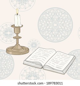 hand drawn book and candle over rosette window background