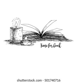 Hand drawn book and candles. Retro sketches isolated. Vintage hypster collection. Doodle line graphic design. Black and white drawing images. Vector illustration.