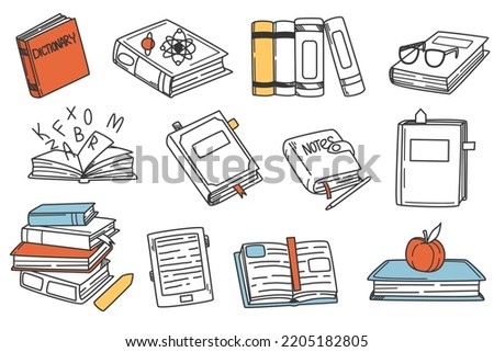 Hand drawn book doodle set. Stack of books with bookmarks and notebooks. Drawing icon knowledge elements. Vector symbols of reading and learning for education. Educational literature and dictionary.