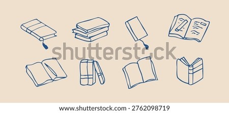 Hand drawn book doodle set with open books stack and reading icons