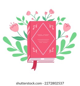 Hand drawn book with flowers in trendy style isolated on white background. Colored flat illustration elements for poster, banner, card, sticker. 