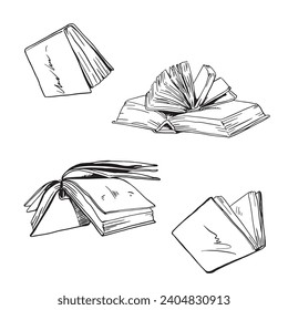 Hand drawn book, flying books, line art. Vector illustration