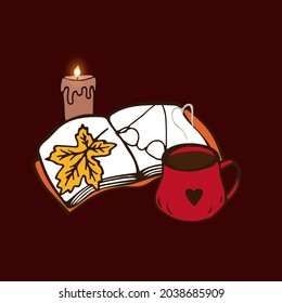 Hand drawn book, glasses, mug, maple leaf, lighted candle in cute doodle style. Stay home, sweet home motiavation. Hygge positive concept. Vector illustration for card design, poster, banner.
