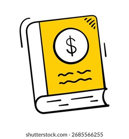 Hand drawn book icon featuring a dollar sign, representing financial knowledge.